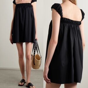 NWT STAUD Beau gathered cotton-blend poplin mini dress black size L